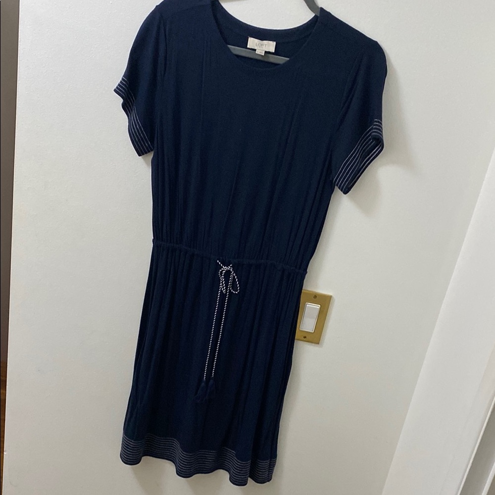 LOFT Navy Midi Dress with Striped Accents